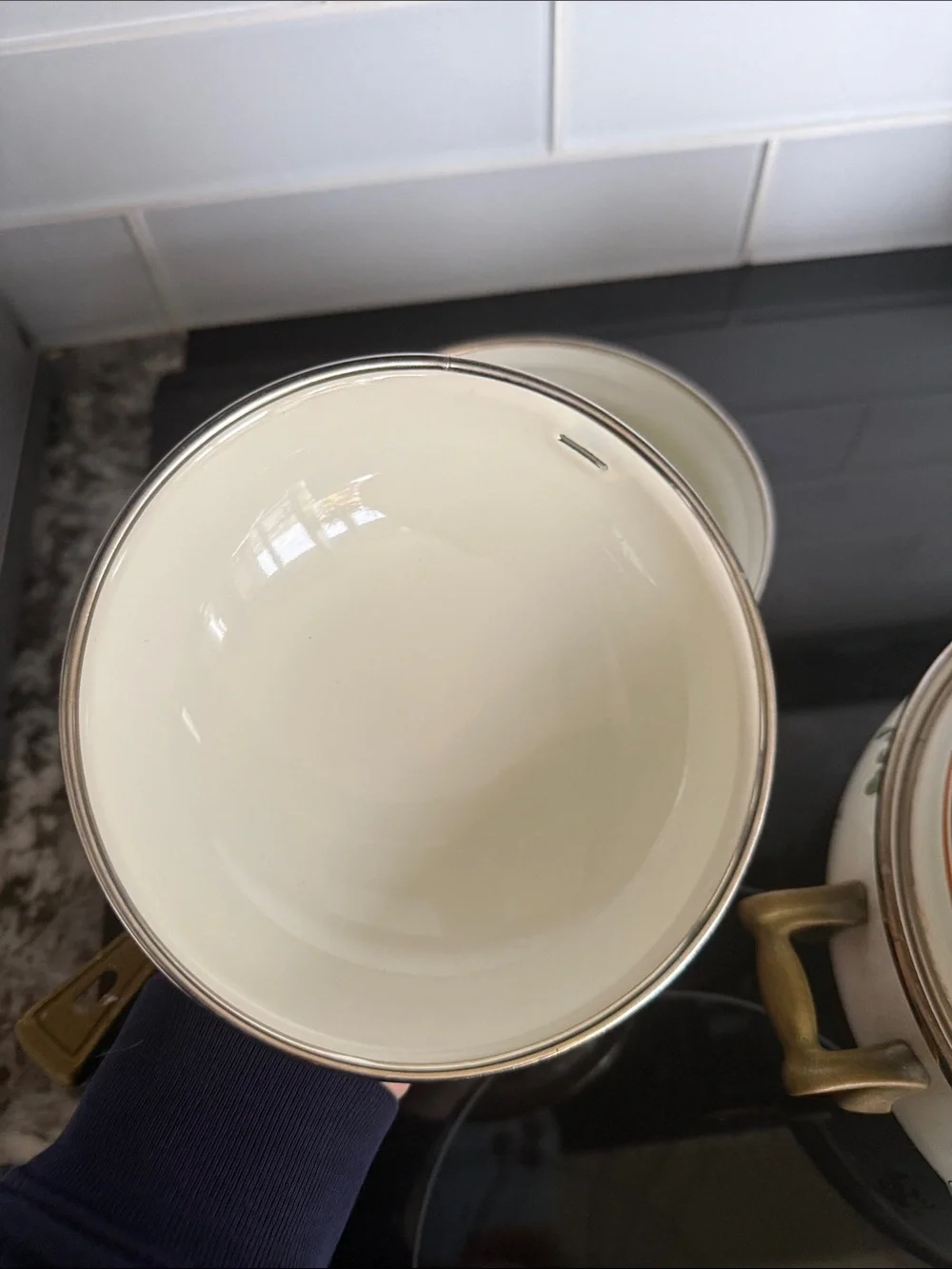 Vintage ASTA Fissler Style Enamelware Cookware Set Floral & Brass 3 Lidded Pots